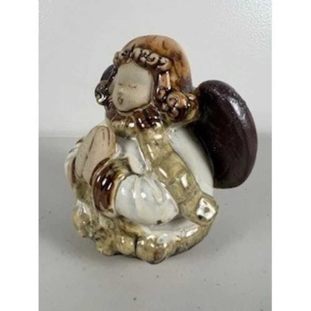 Pottery Prayer Angel Drip Glaze Rustic Christmas Cream Beige